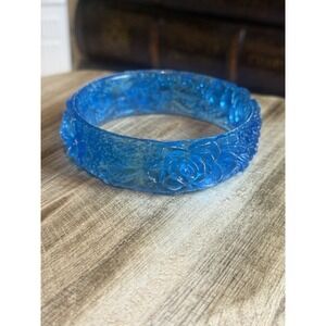 Vintage Carved Blue Lucite Floral Bangle Bracelet | Deeply Etched Rose Design